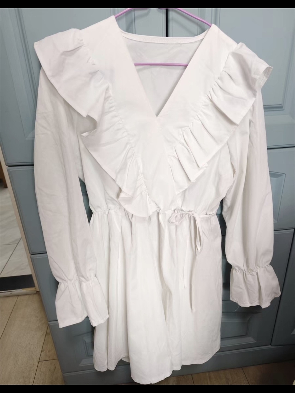 White Ruffle V-Neck Long Sleeve Dress